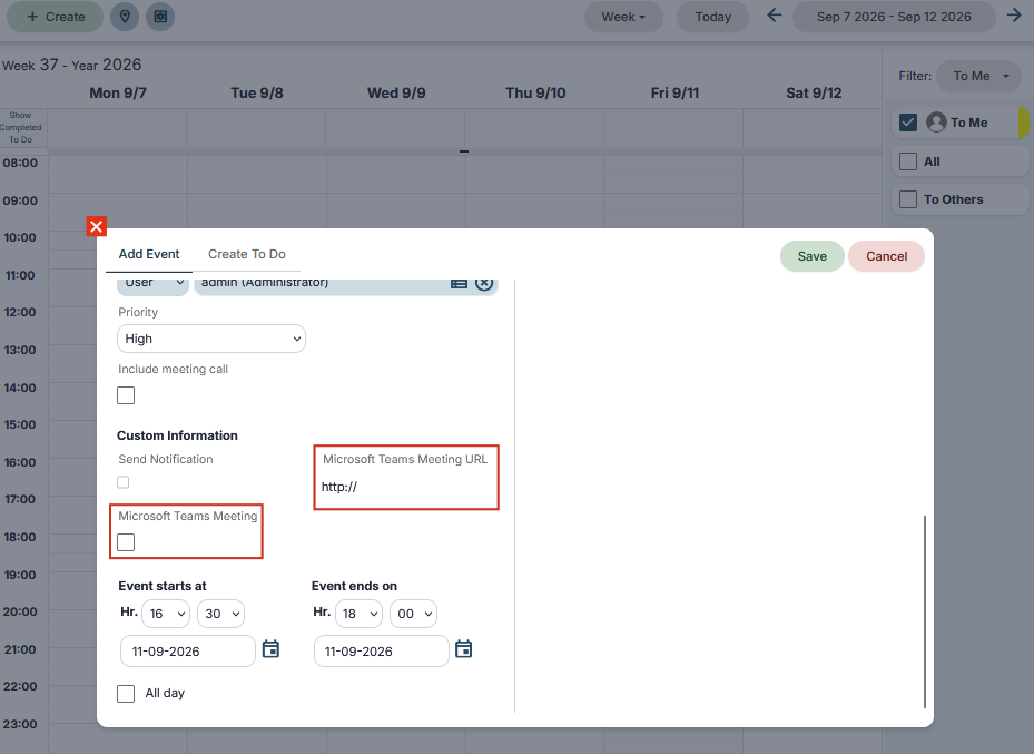 Microsoft Teams meeting in vtenext