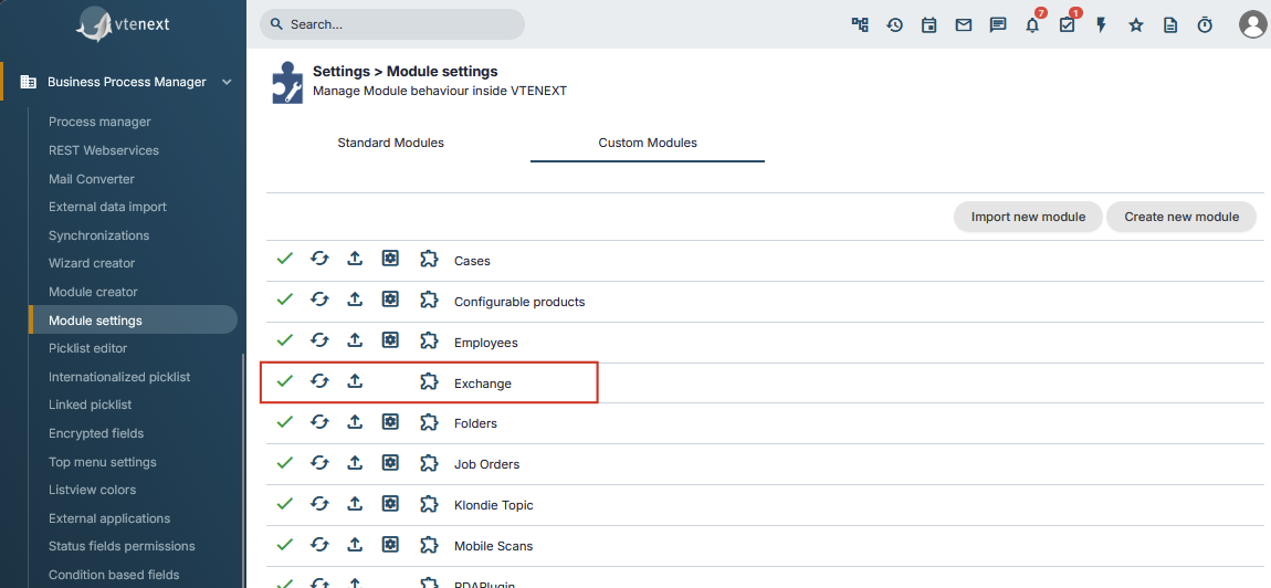 Exchange Connector in Module Manager